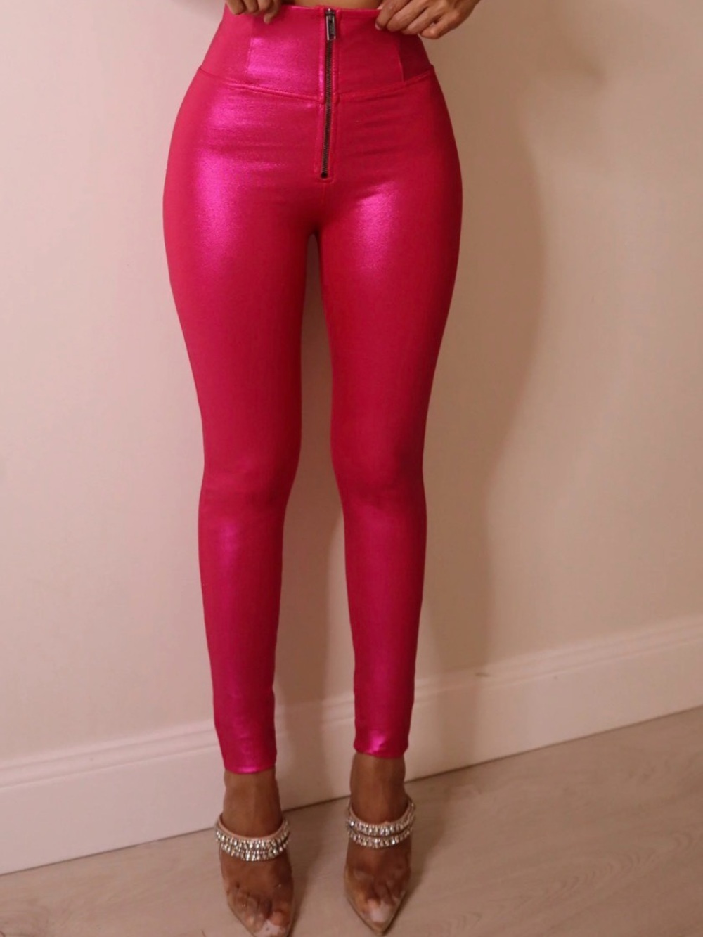 Freddy Metallic Hot Pink High-Waist Leggings with Front Zip